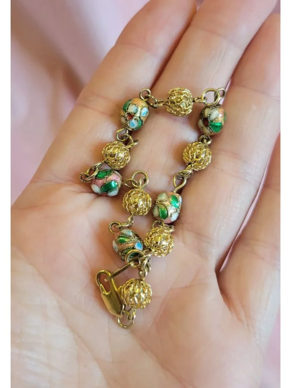 Gold Tone Pink Green Cloisonne Enamel Flower Beaded Wrap Chain Bracelet B1A